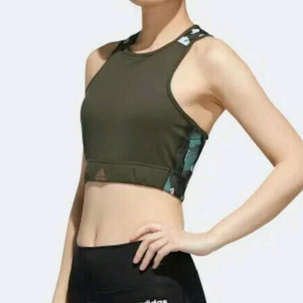 adidas Women x Zoe Saldana Olive Green Gold Metallic Sports Bra NEW‎